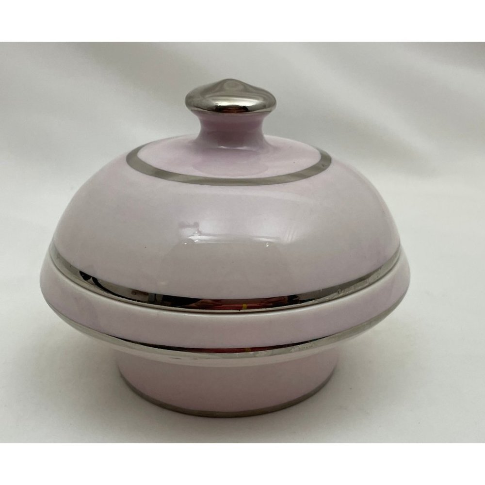 Vintage Art Deco powder bowl, pink grey ceramic, vanity decor